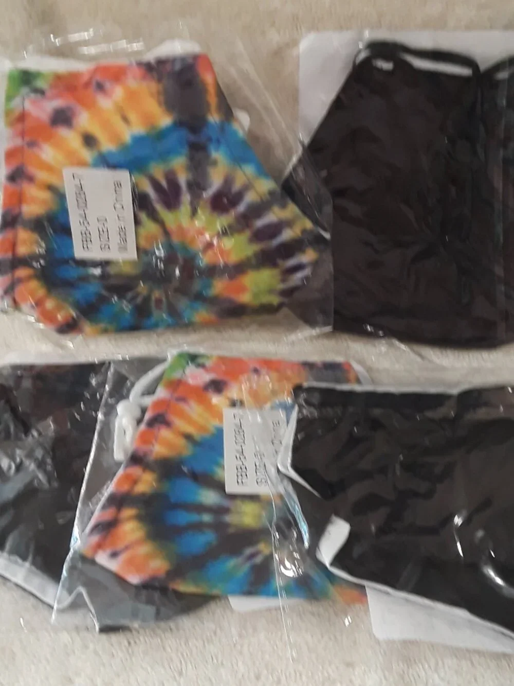 5 Reusable Fabric Face Masks New: 2 Bright Tie Dye + 3 Solid Black All Unisex